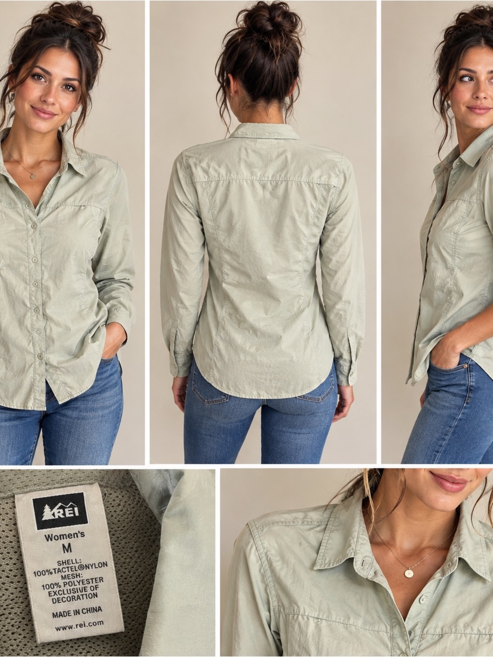 REI Women's Light Sage Green Button-Down Long Sleeve Shirt